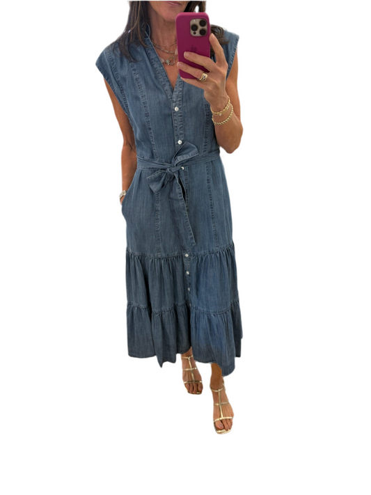Cap Sleeve Midi Dress- Blue Dark Wash