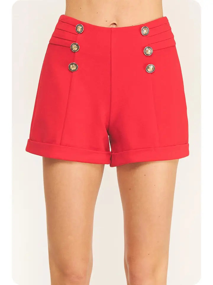 Button Front Ponte Short- Red