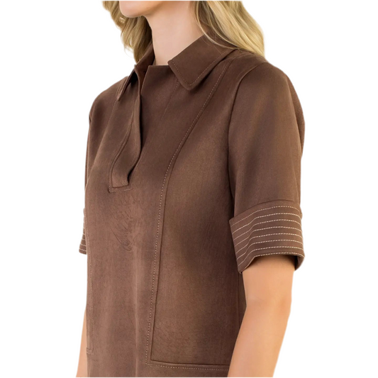 Short Sleeve Suede Dress- Chocolate