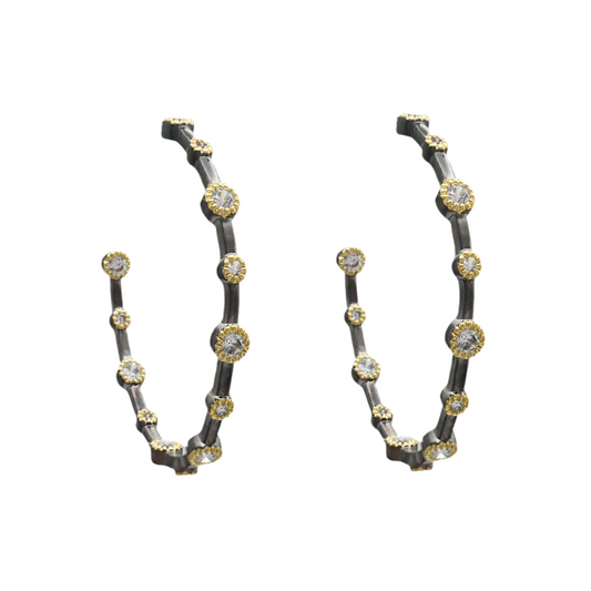 Post hoop earrings with round CZ- Black/Gold