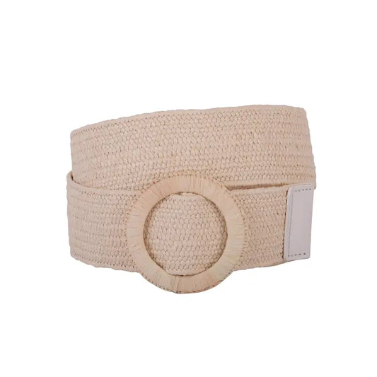 Raffia Circle Buckle Stretch Belt- Beige