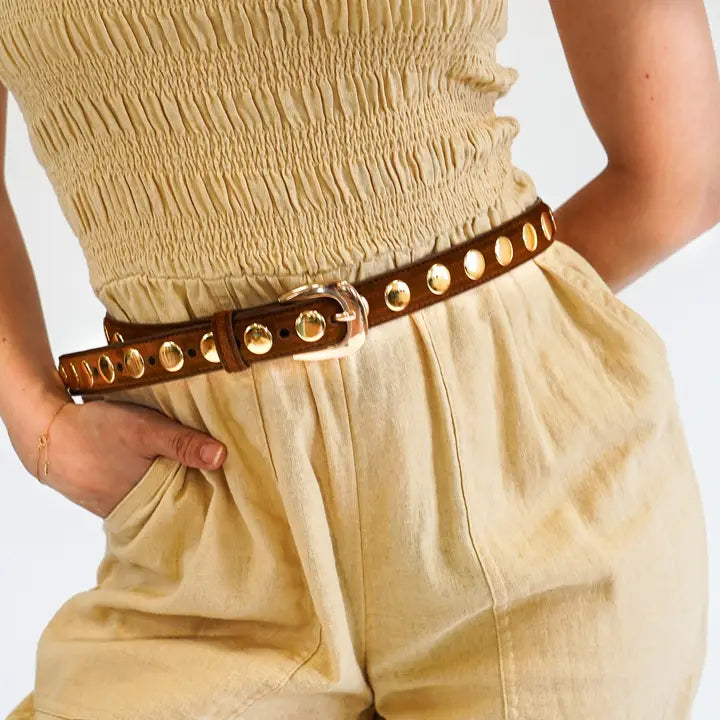 Suede Belt with Wide Studs- Camel