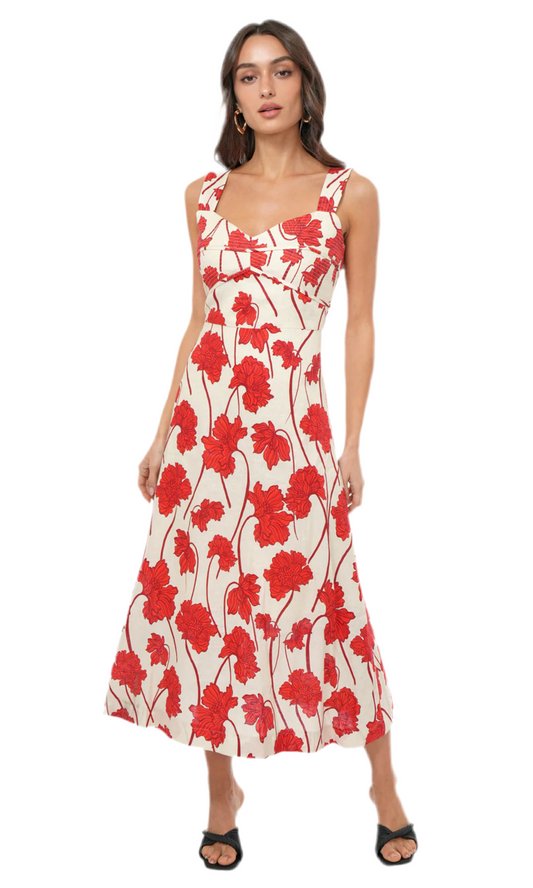 Madi Floral Linen Midi Dress- Cream/Red