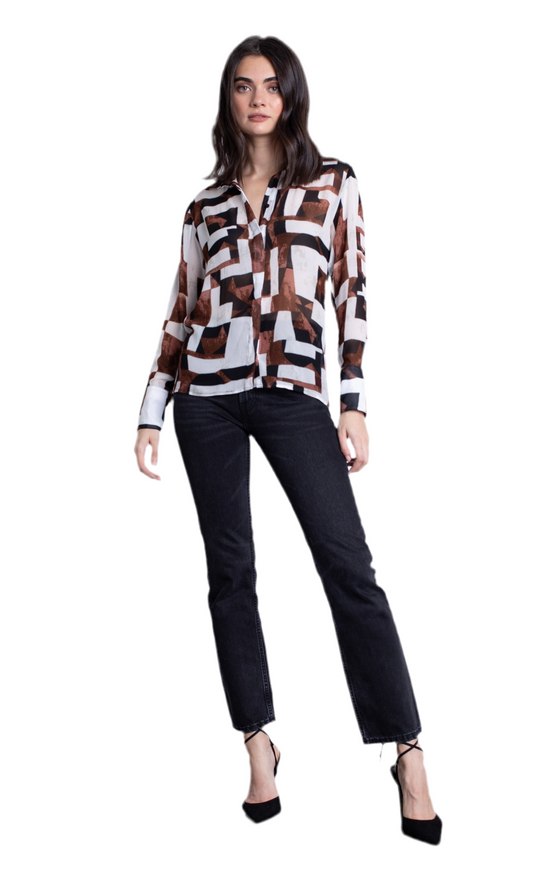 Melanie Print Blouse- Brown Geo