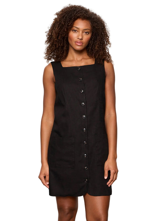Posh Button Linen Dress- Black