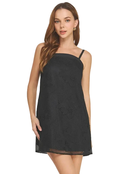 Floral Mesh Mini Dress- Black