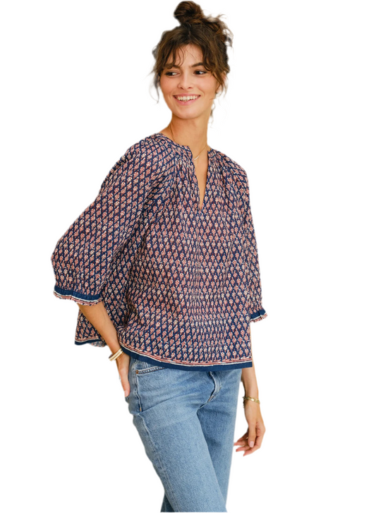 Mari Print Long Sleeve Top- Indigo