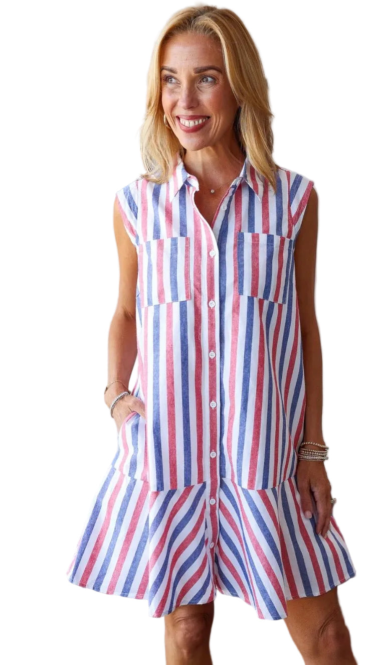 Cap Sleeve striped mini dress- Red/Navy