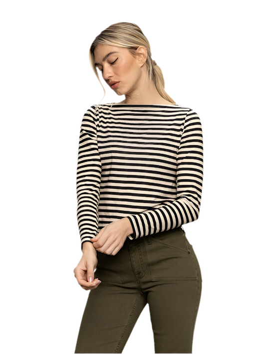 Boatneck long Sleeve Striped Tee- Light Oat/Black
