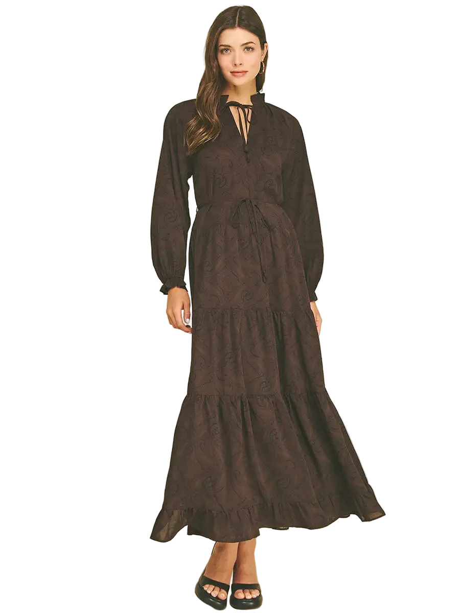 Paisley Print Tiered Maxi Dress- Brown