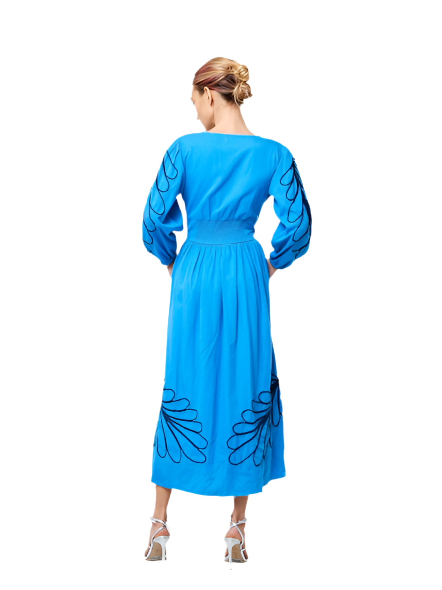 Embroidered Midi Dress- Blue