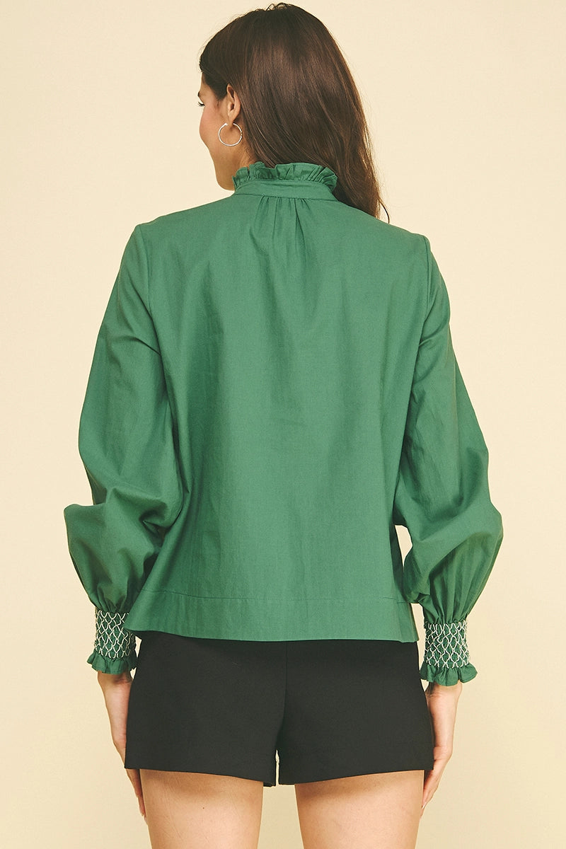 Ruffles Shirt With Smocked Cuff- Green