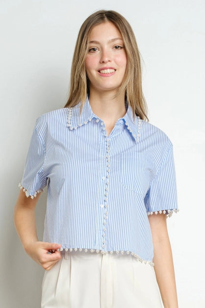 Pearl Embroidered Short Sleeve Button Down- Light Blue