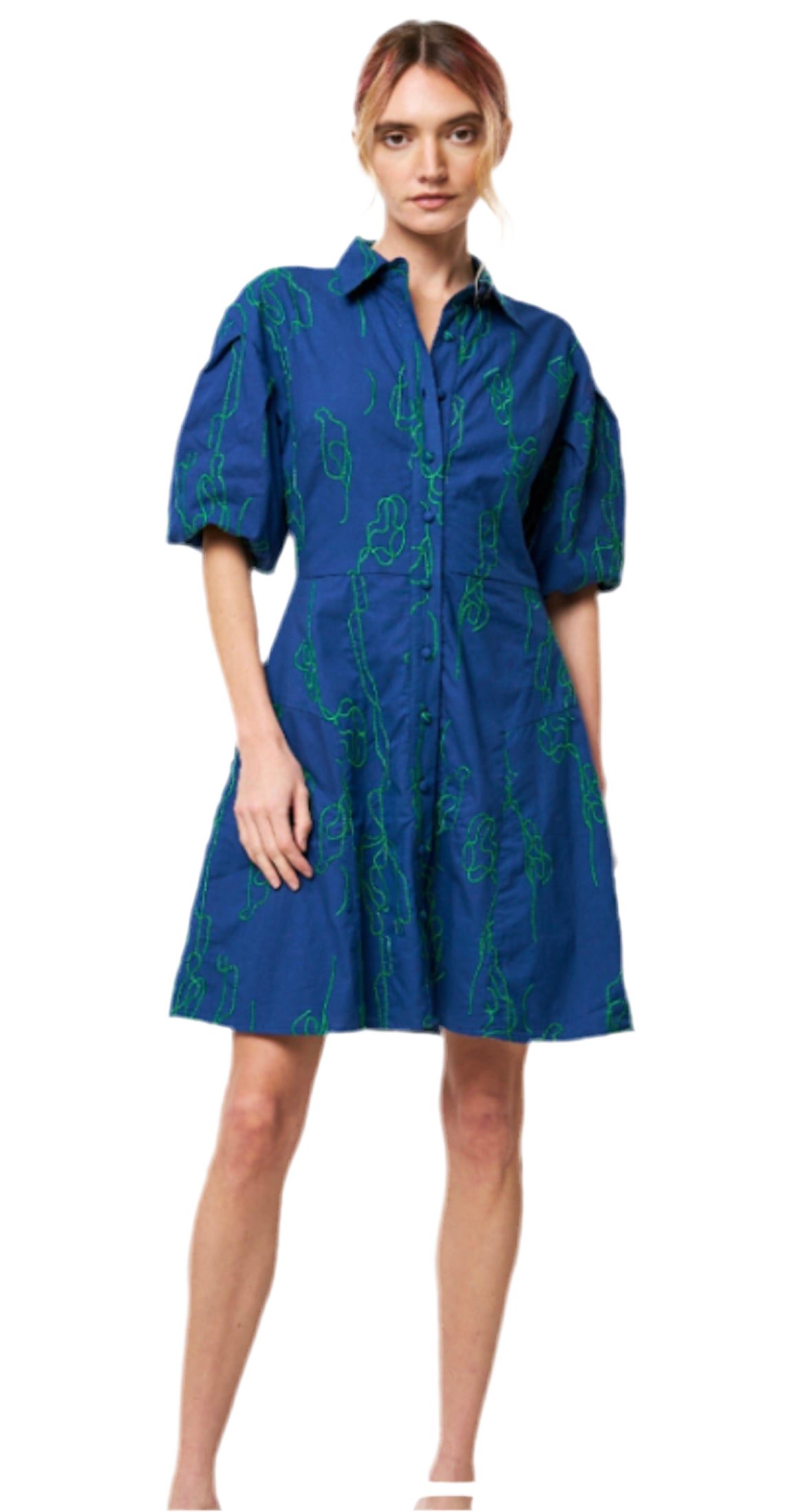 Abstract Embroidered Mini Shirt Dress-Navy/Green