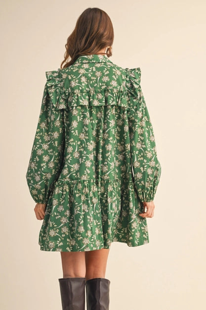 Ruffle Yoke Dropwaist Dress- Green Floral