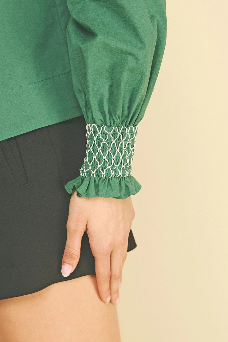 Ruffles Shirt With Smocked Cuff- Green