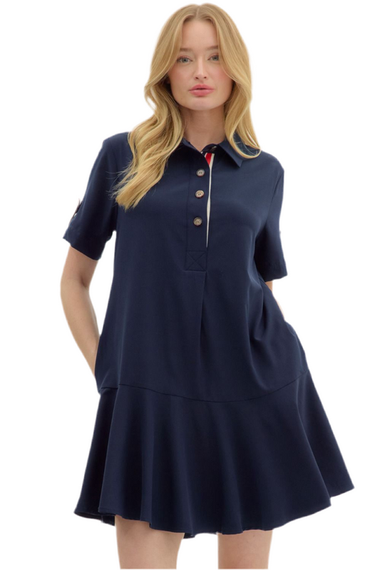 Short Sleeve Polo Dropwaist Dress- navy