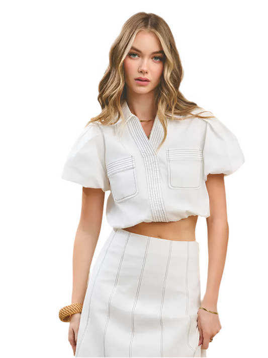 Cropped Poplin Shirt with Bubble Sleeves-White