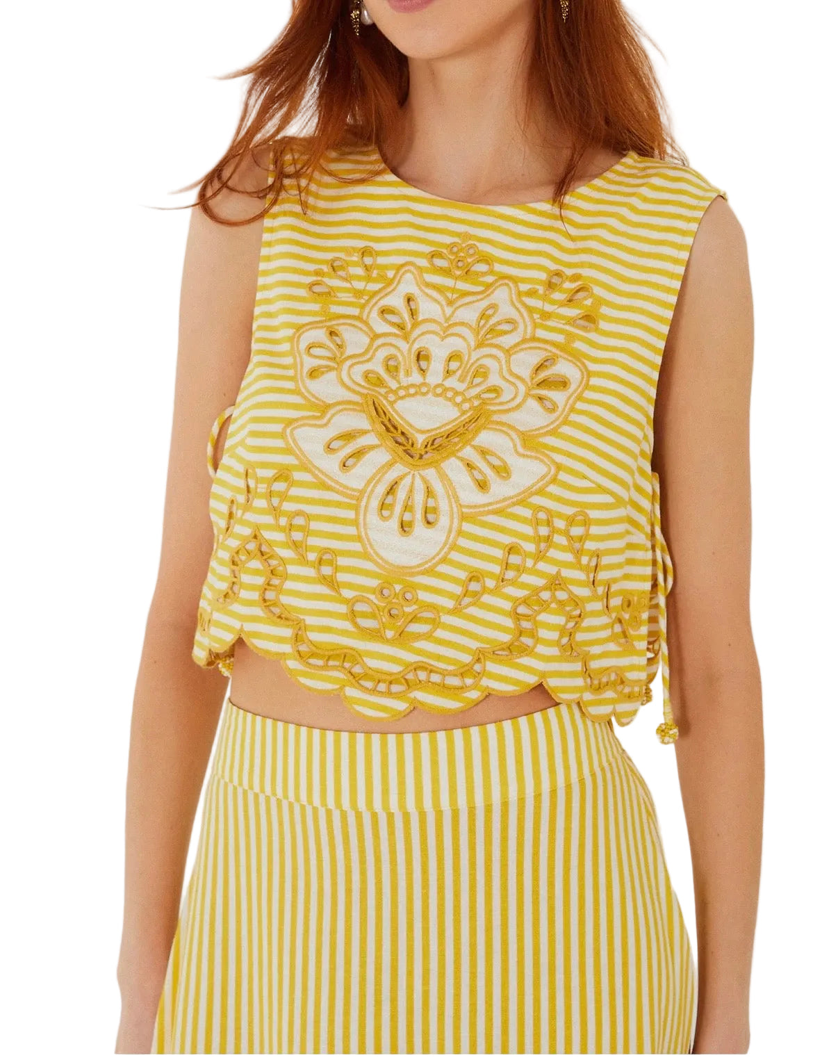 Bicolor Striped Richilieur Sleeveless Top- Yellow