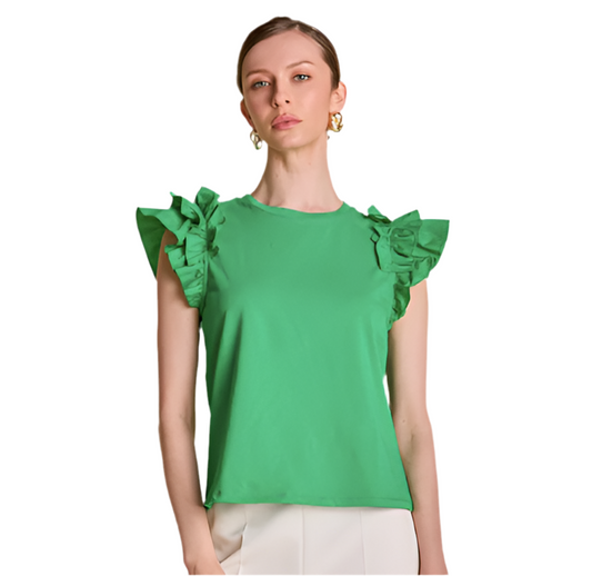 Mixed Media Ruffle Top- Green