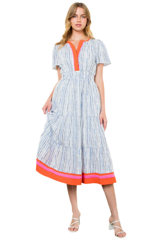 Short Sleeve Printed Maxi Dress-Blue/Orange