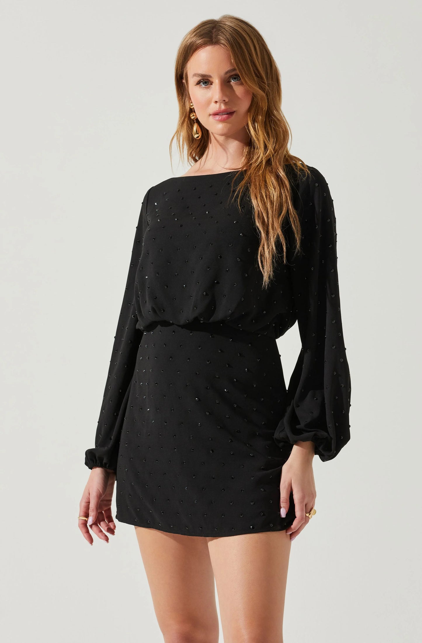 Long Billow Sleeve with Fitted Skirt Mini Dress- Black