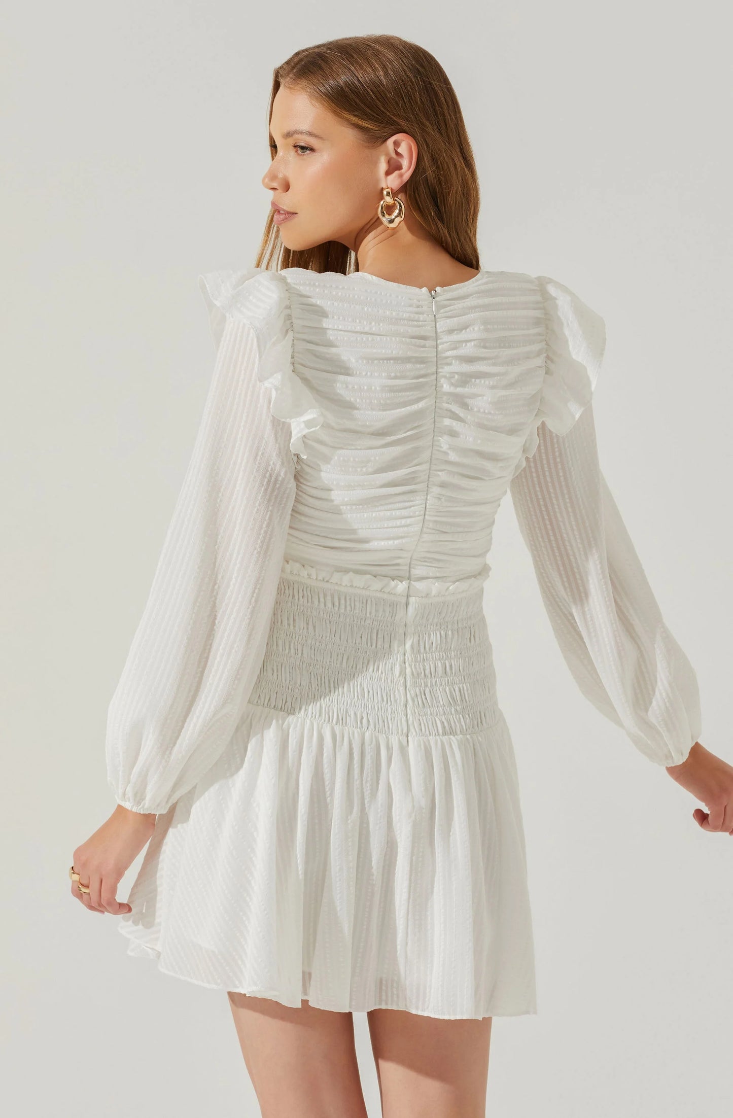 Tayah Pleated Smocked Long Sleeve Dress- White