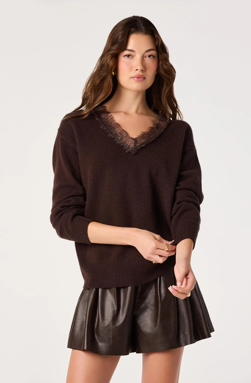 Jadyn Lace Trim V-Neck Sweater- Brown