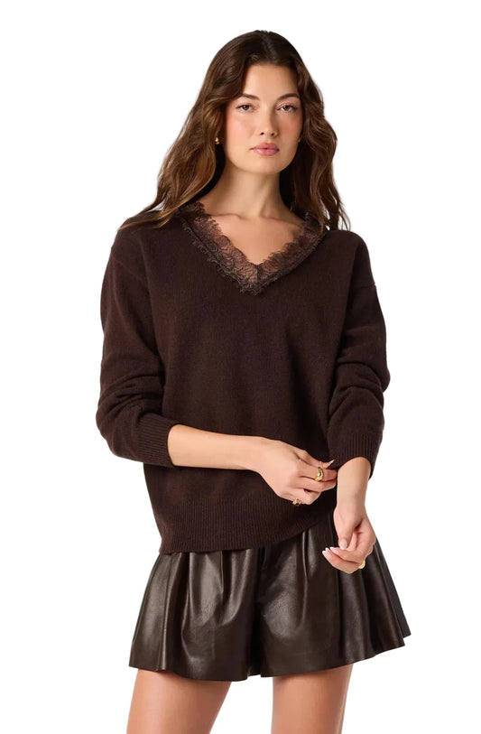 Jadyn Lace Trim V-Neck Sweater- Brown
