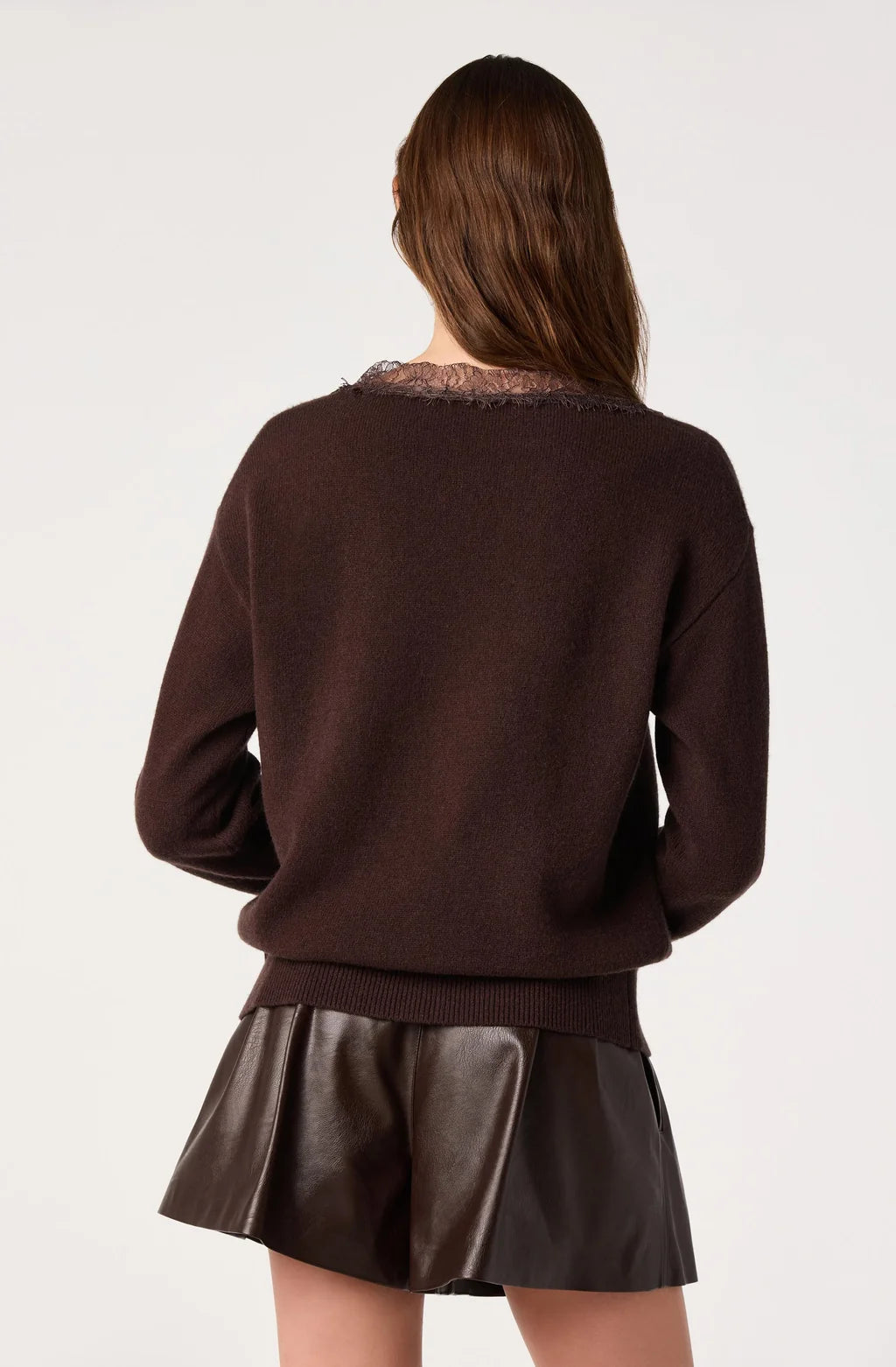 Jadyn Lace Trim V-Neck Sweater- Brown