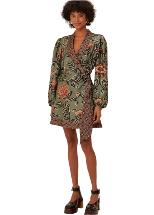 Arabeque Floral Green Long Sleeve Mini Dress