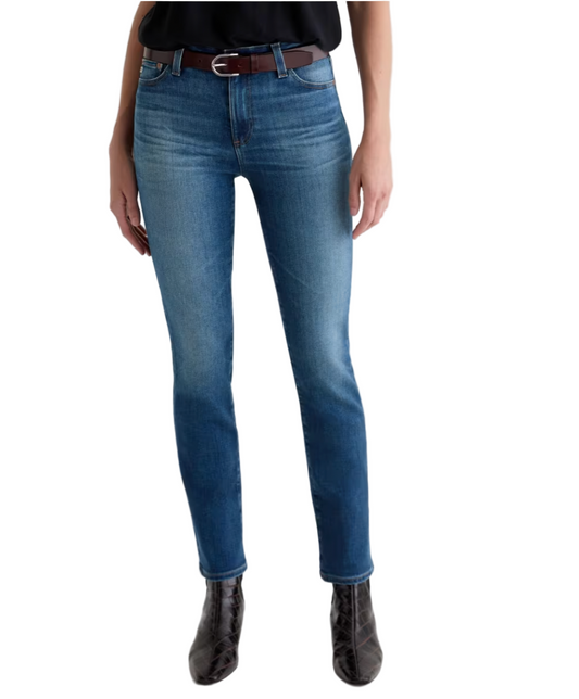 Front view of AG Jeans Mari Mid Rise Slim Straight – 12 Years Assumption – medium wash jeans with comfort stretch and busted hem detail.