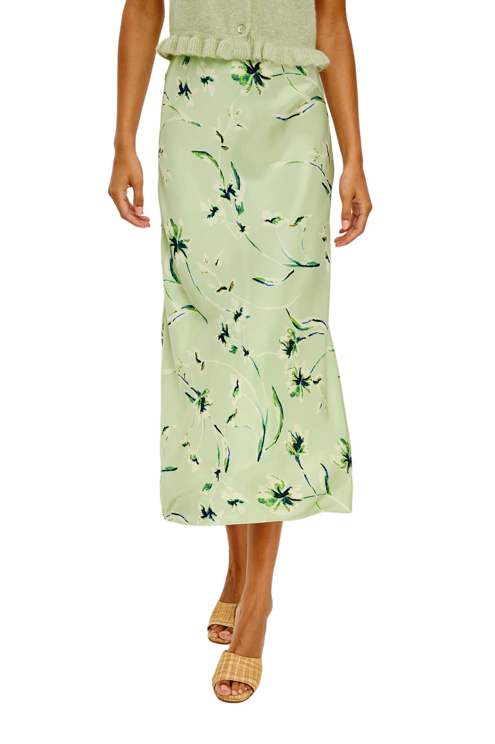 Person wearing a light green floral skirt on a plain background