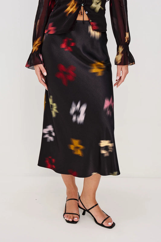Anya Silky Midi Skirt- Onyx Blurred Floral