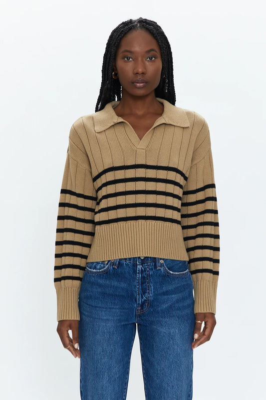 Arlo Stripe Collar Sweater- Tan Noir