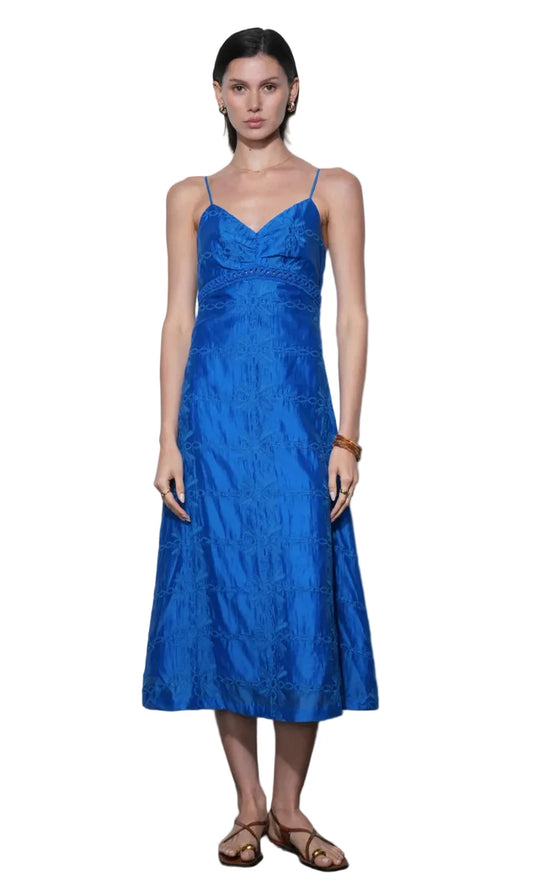 Abigail Embroidered Empire Waist Midi Dress-Blue