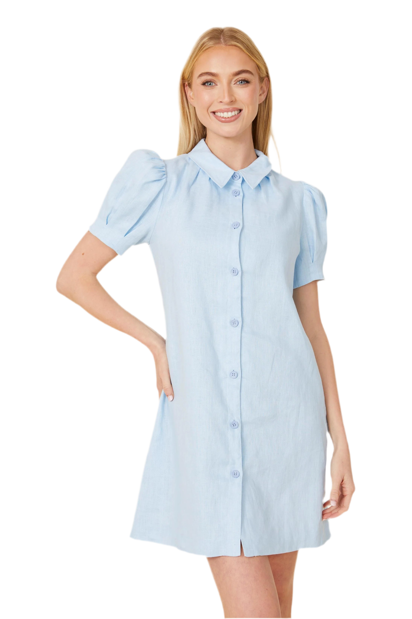 Linen Button Down Dress- Light Blue