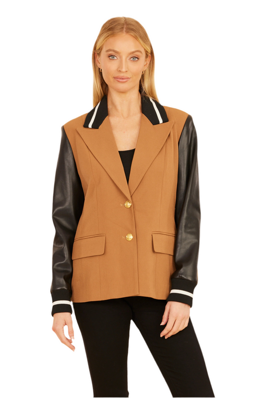 Racer Stripe Faux Leather Blazer- Rust