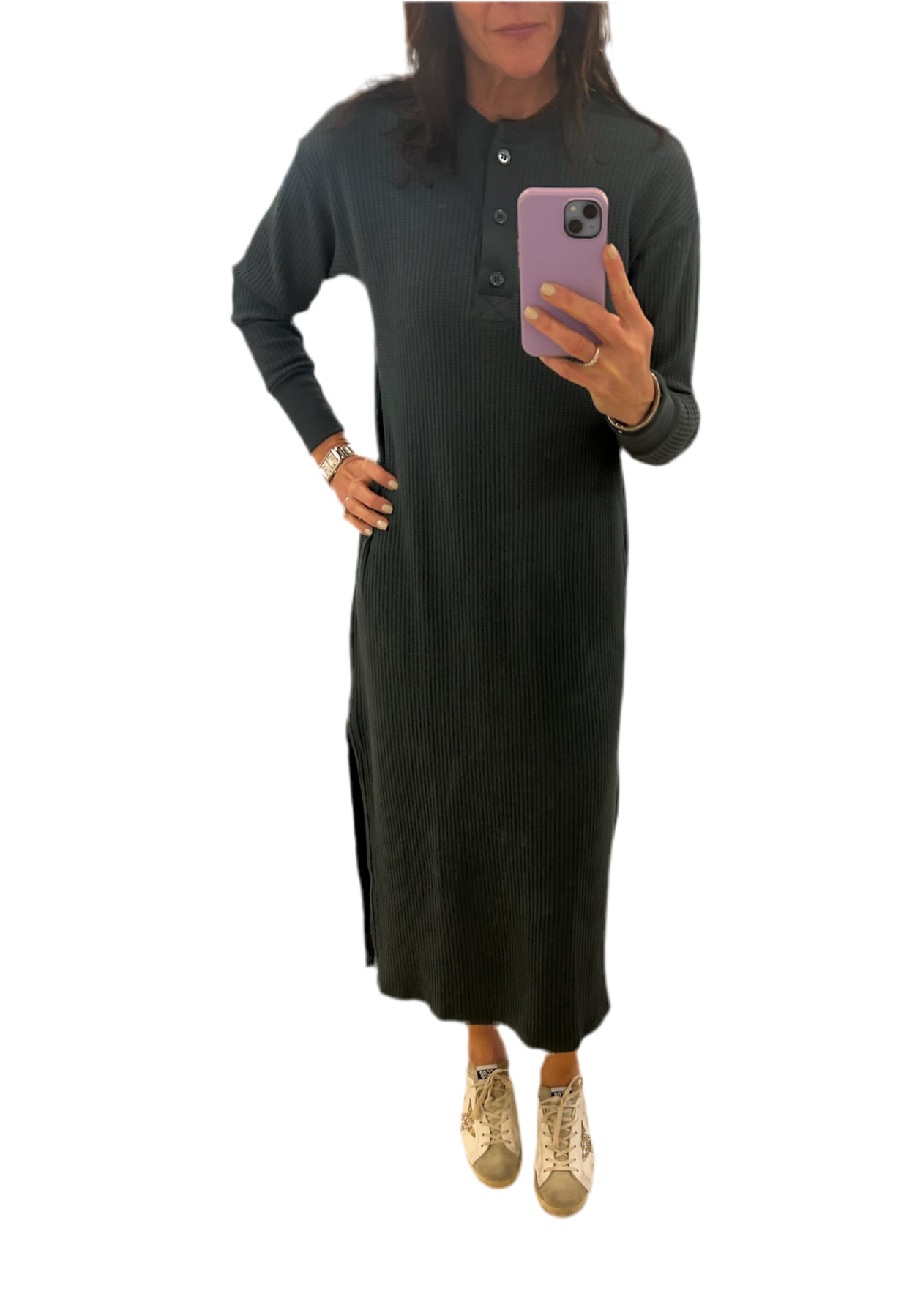 Luxe Thermal Henley Dress- Verde