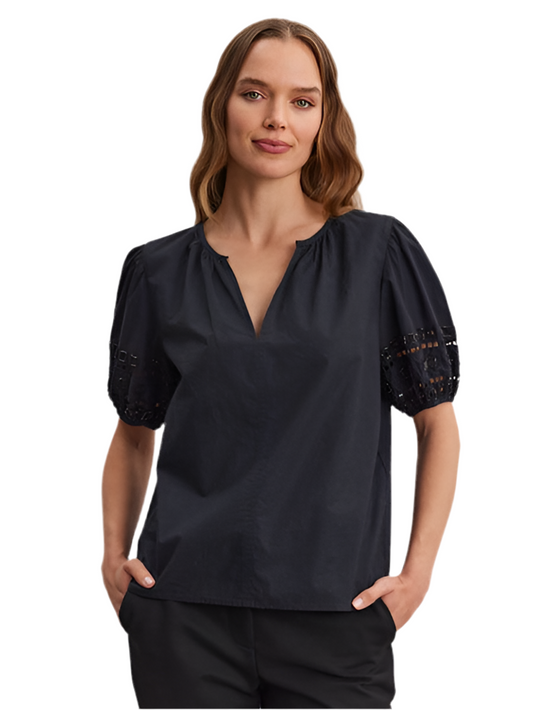 Martha Short Sleeve Eyelet Top-Black