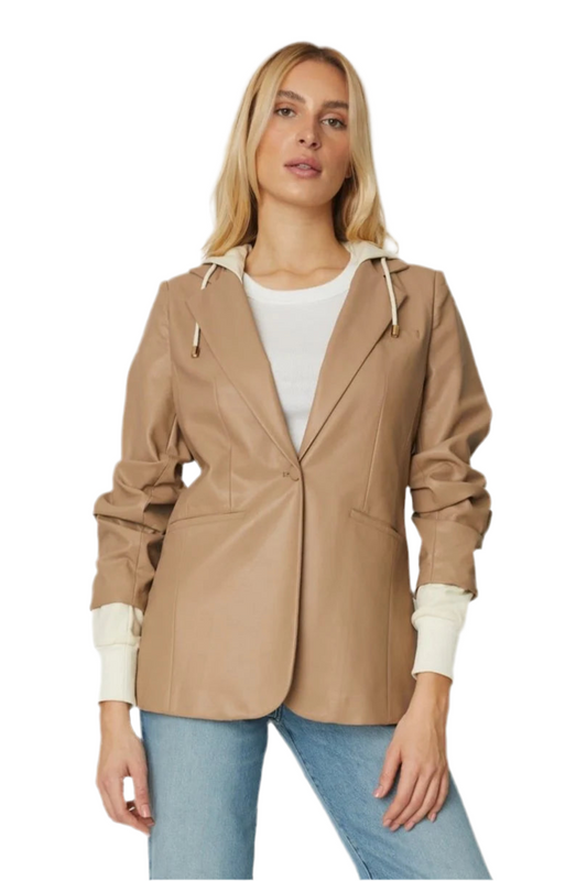 Denise Faux Leather Blazer with Hoodie- Tan/Cream