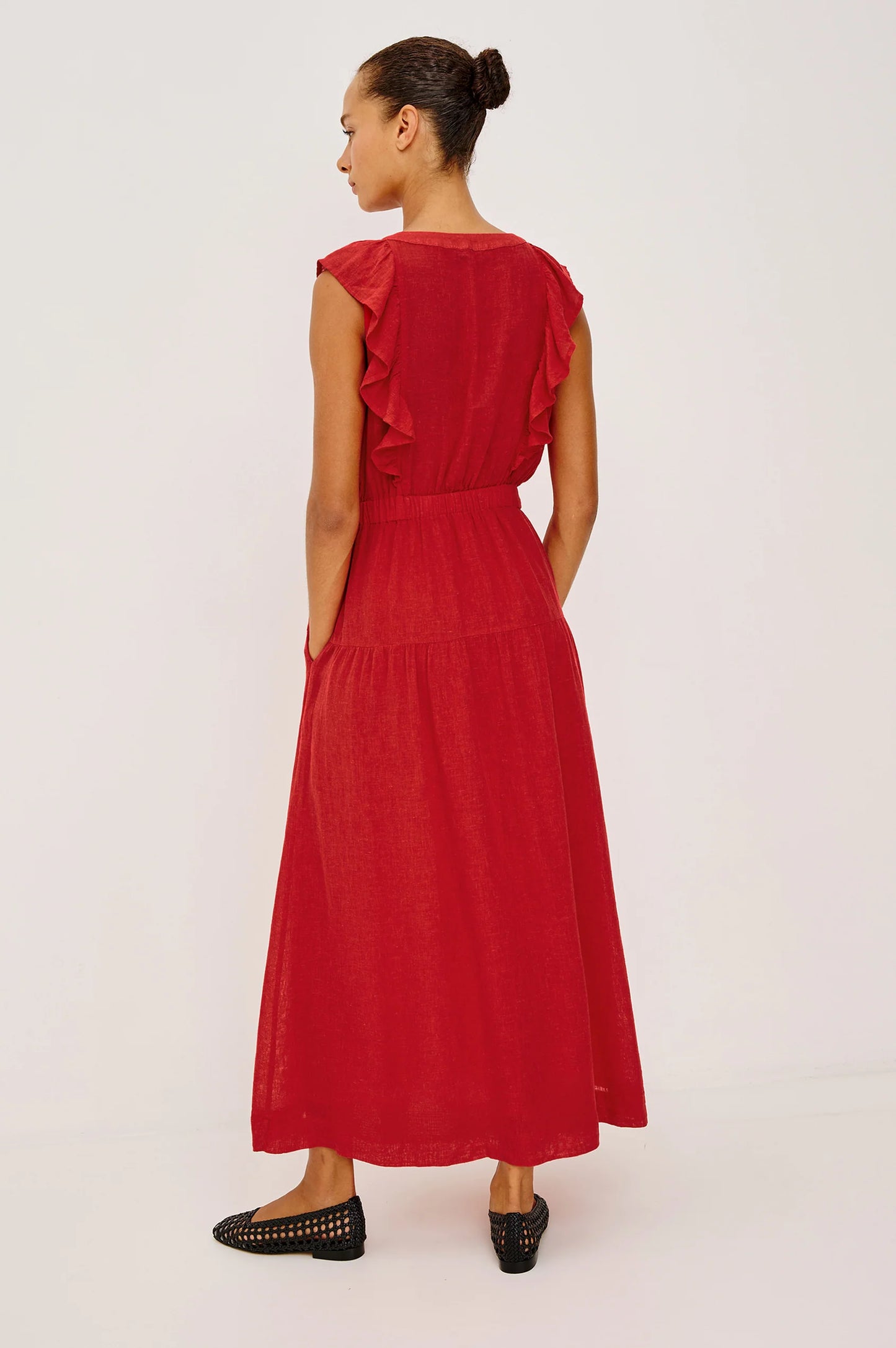 Beaux V-Neck Ruffle Dress- Red