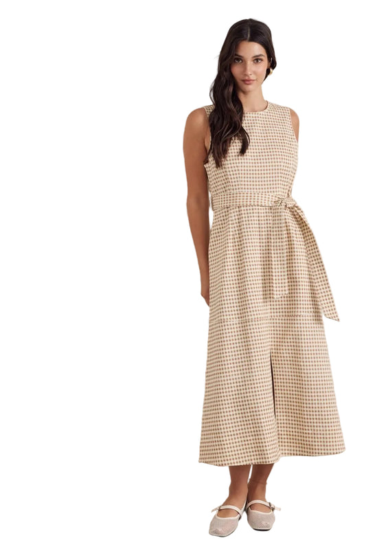 Gingham sleeveless Midi Dress- Tan