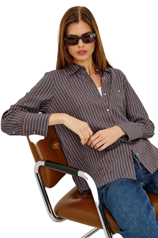 Beck Striped Button Down Top- Hickory Indigo Stripe