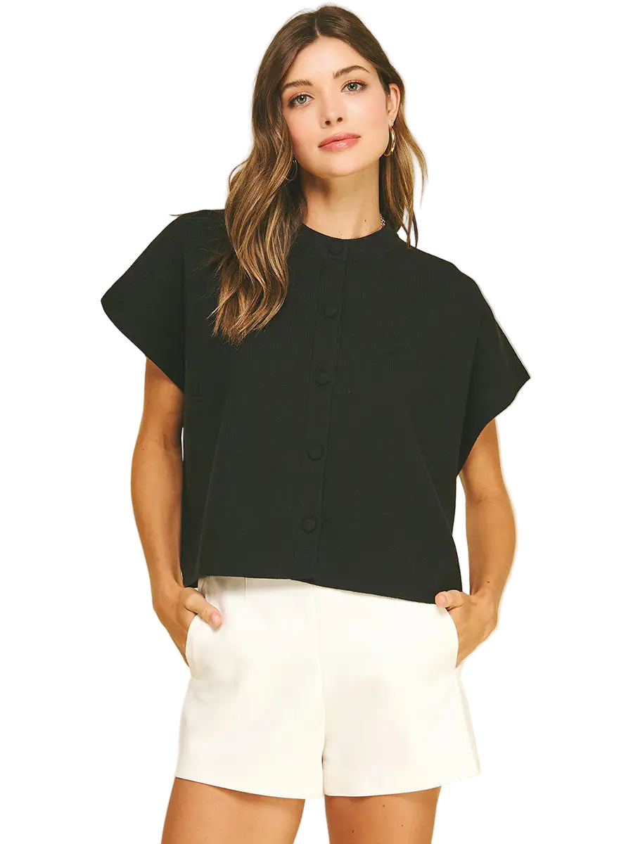Birdies Button Down Cap Sleeve Top Black front view