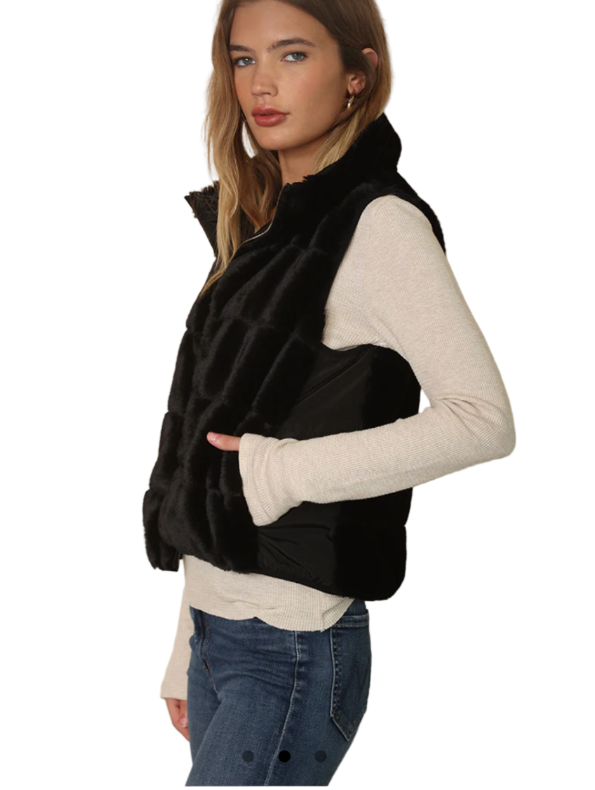 Black reversible faux-fur vest with pockets – Classic Fur Vest by dylan clothing