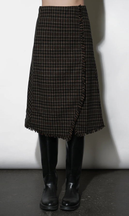 Brighton Asymetric Plaid Fringe Midi Skirt- Black