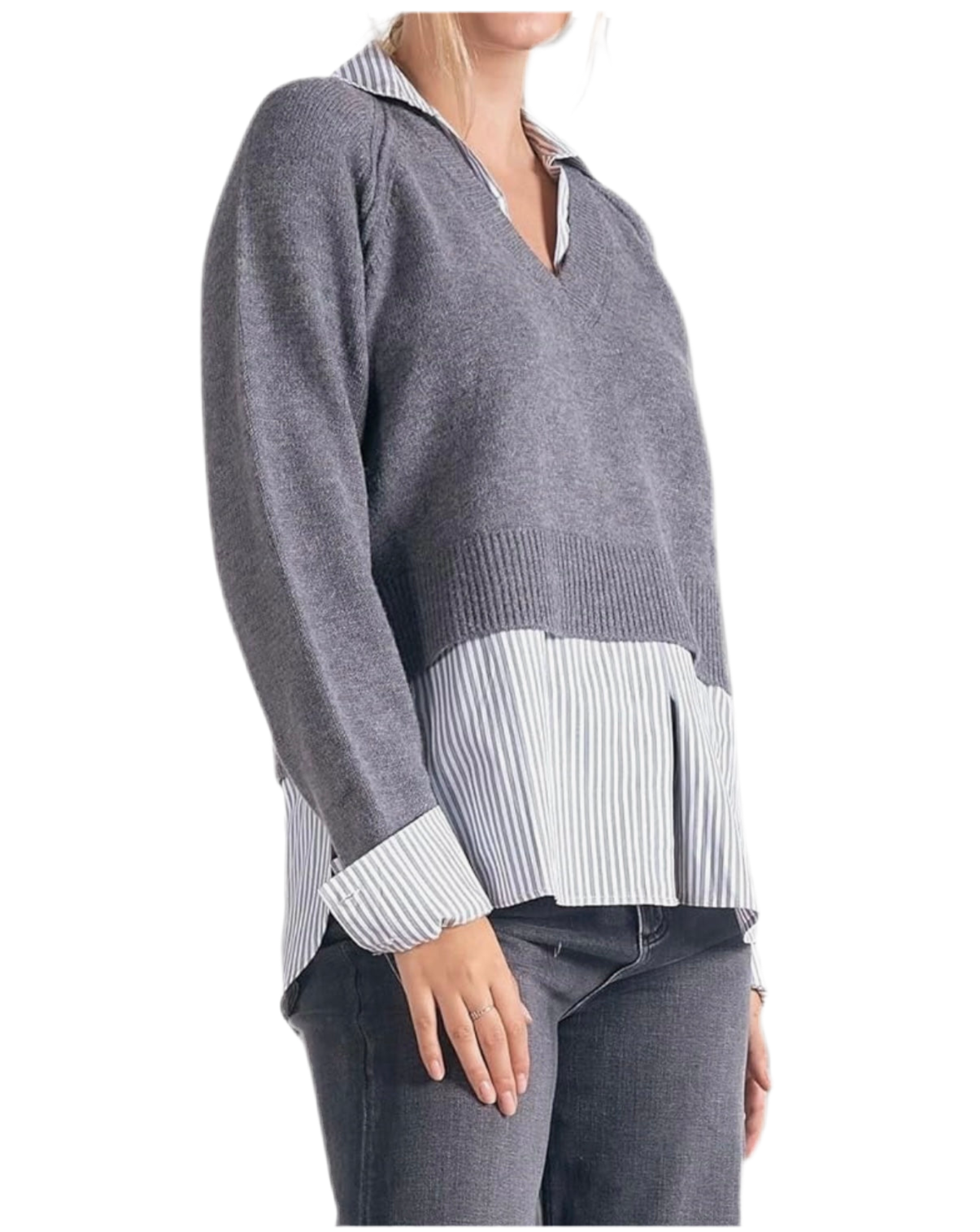 Layered Collar Shirt with Sweater-Grey/Black