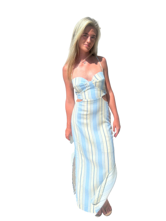 Relaxing Stripe Wrap Midi Dress- Blue