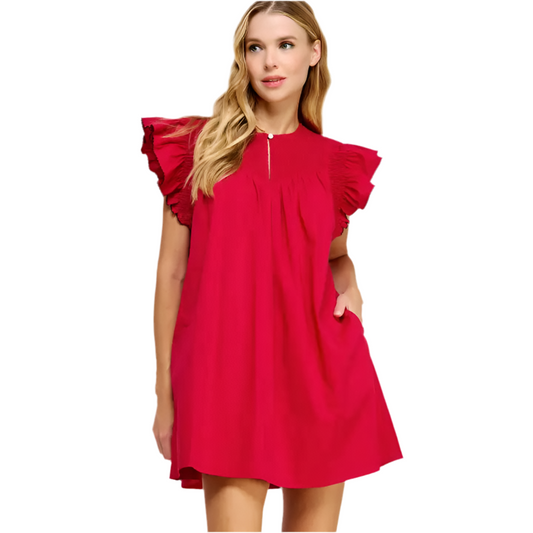 Ruffled Mini Dress- Cherry Red